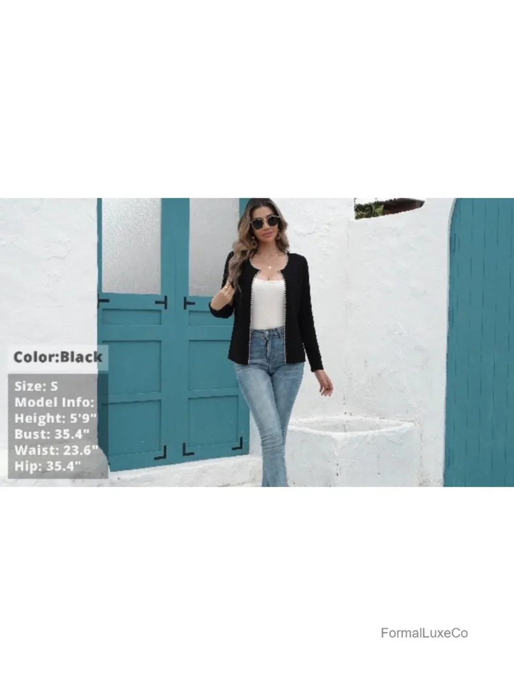 Women Lightweight Pearl Trim Open Front Cardigan Knit Jacket Long Sleeve